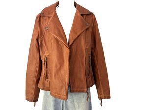 Max Studio Cognac Brown Faux Leather Moto Biker Jacket Small Western Edgy Grunge
